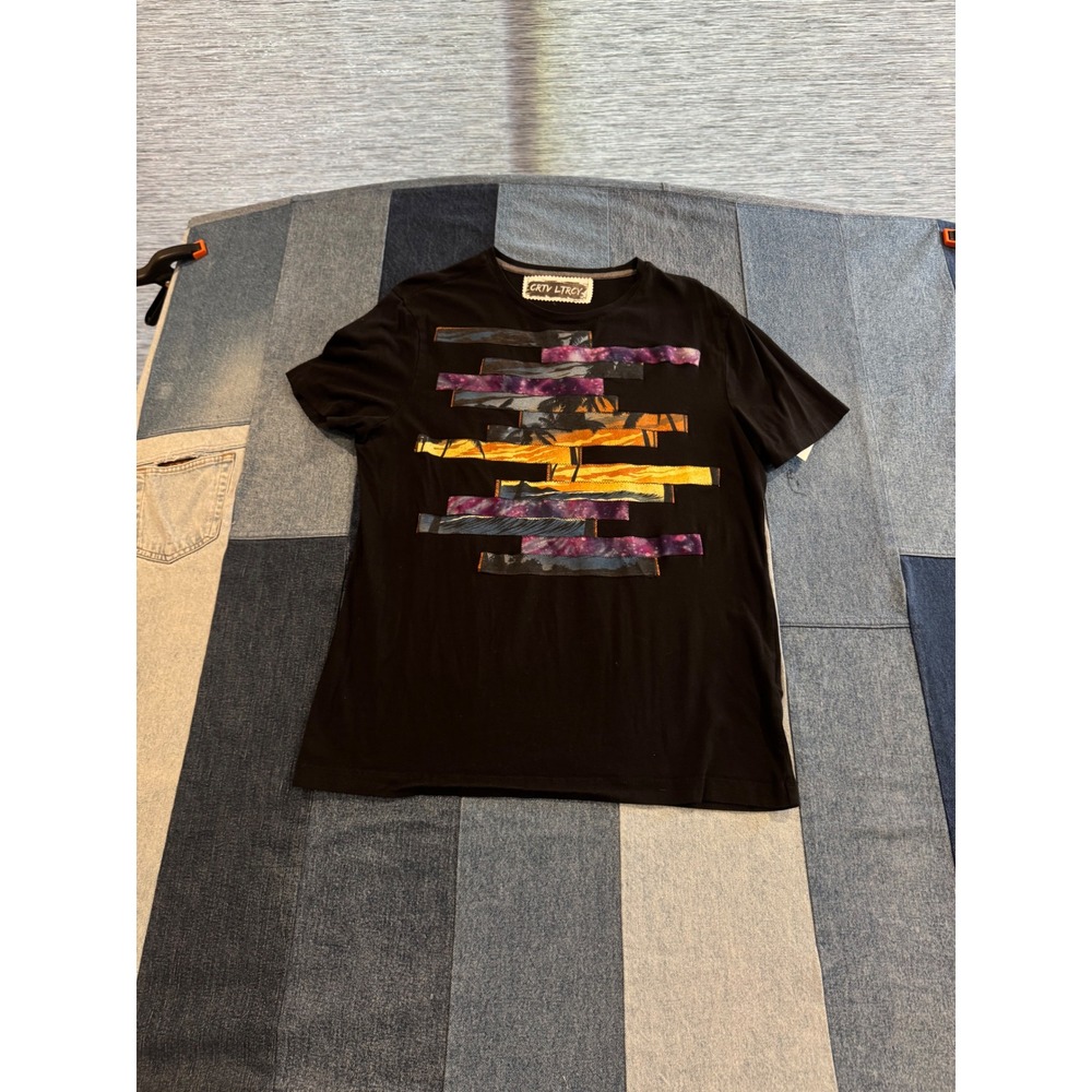 Upcycled Mens Black T-Shirt Galaxy Sunset ‎ Large